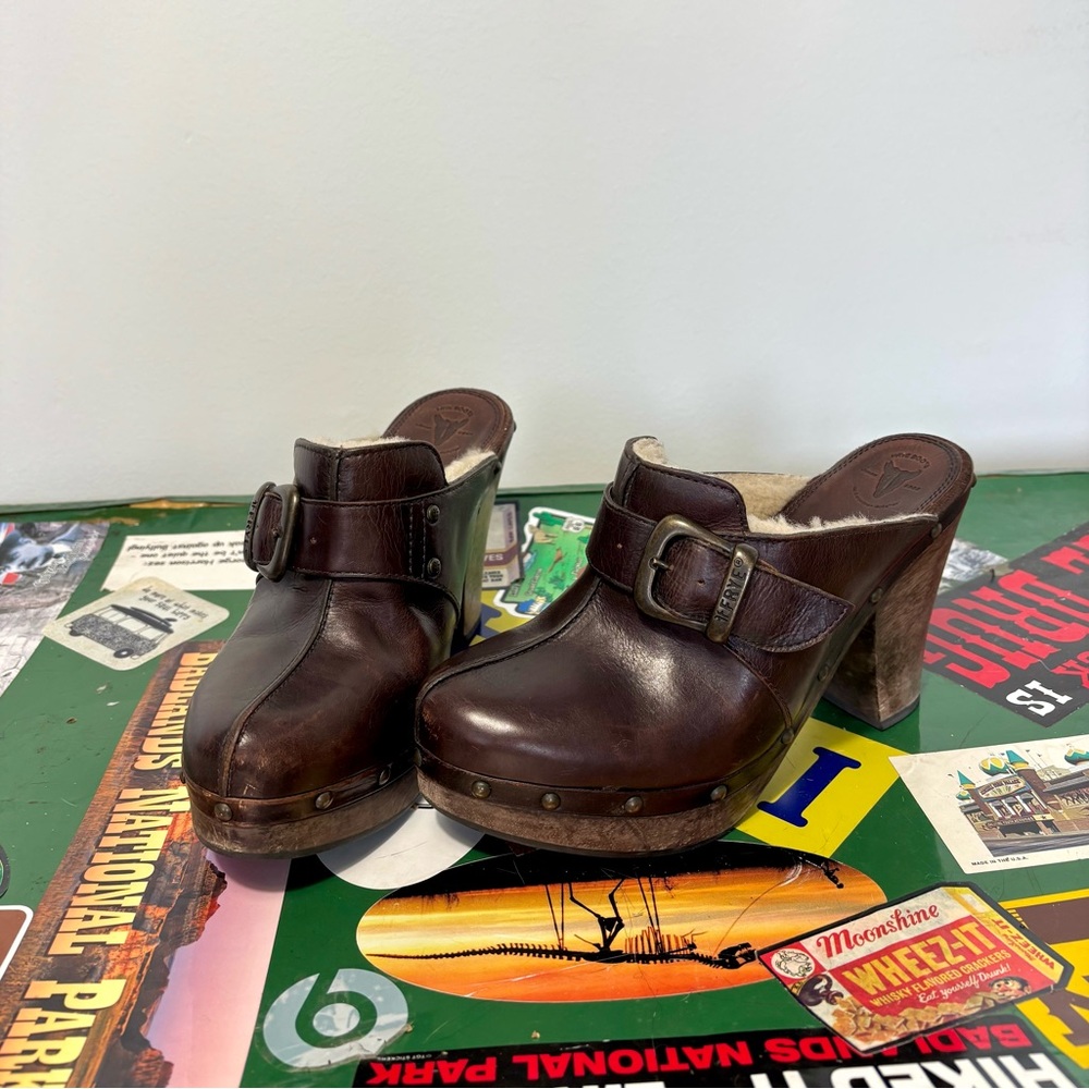 Frye Brown Leather & Shearling Mules